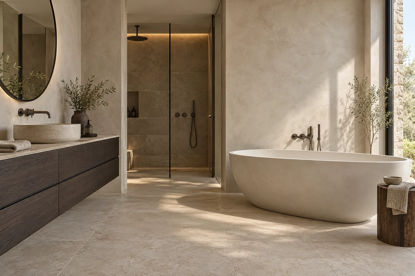 Image d’inspiration : salle de bain en pierre naturelle et chêne