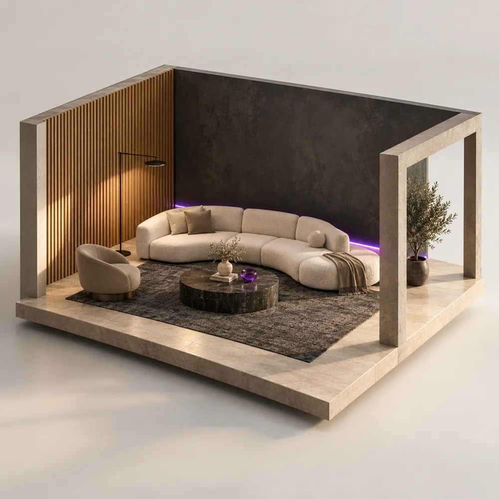 Concept 3D d’un séjour avec canapé clair, mur en chêne et éclairage violet au sol